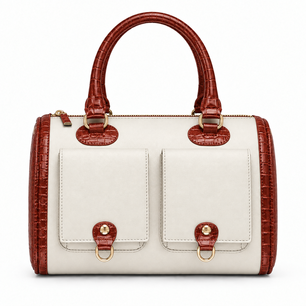 Croc trim barrel handbag with front pockets - white with rust croc trim, studio view