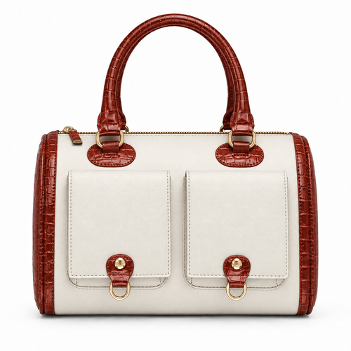 Croc trim barrel handbag with front pockets - white with rust croc trim, studio view