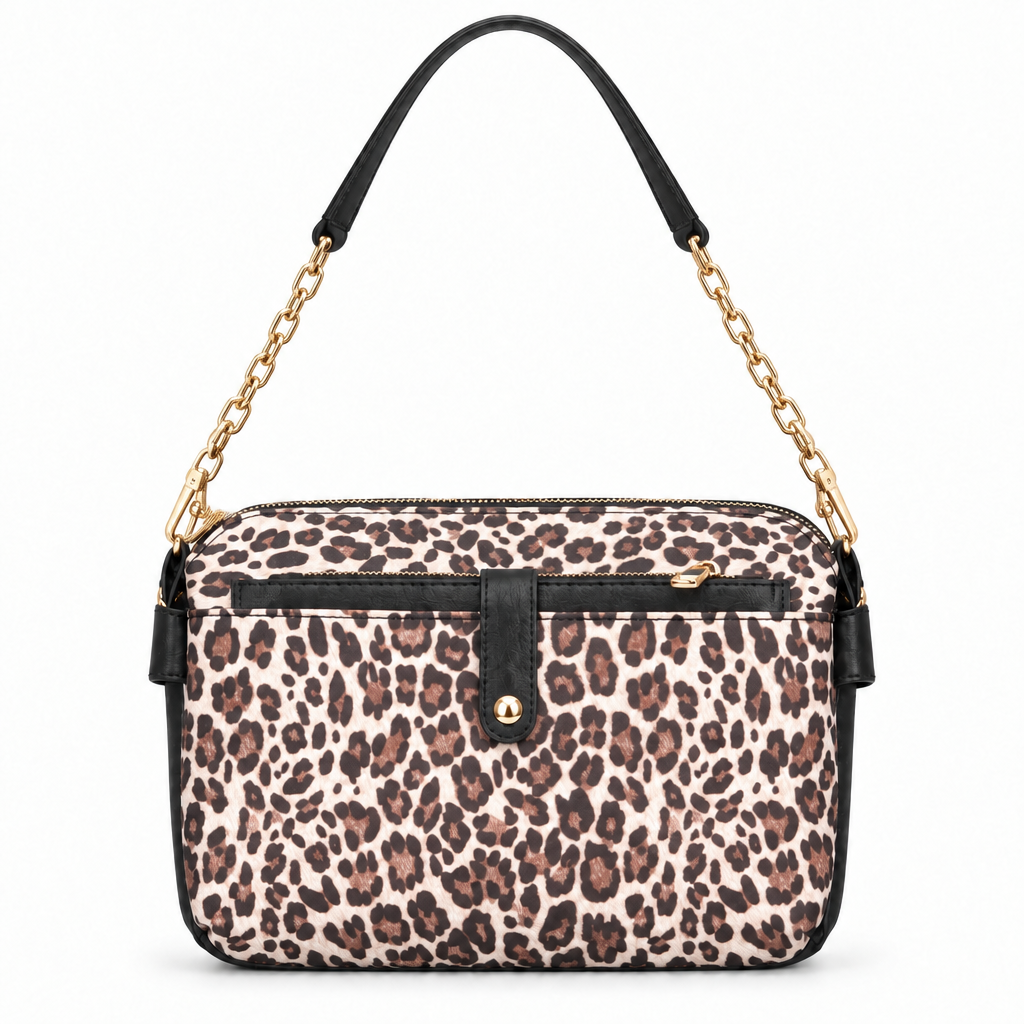 Leopard print chain camera bag - cream leopard with black, studio view