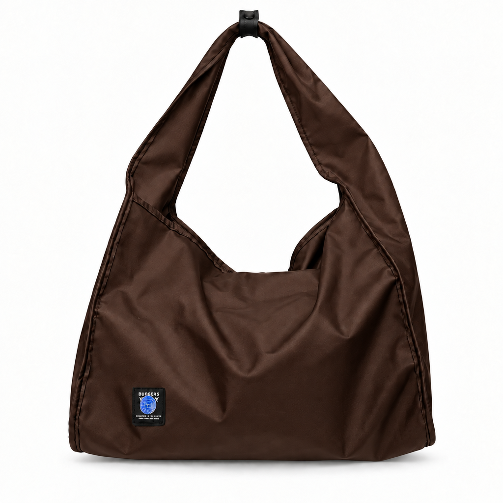 Globe Patch Wide-Strap Slouchy Shoulder Bag - chocolate brown, studio view