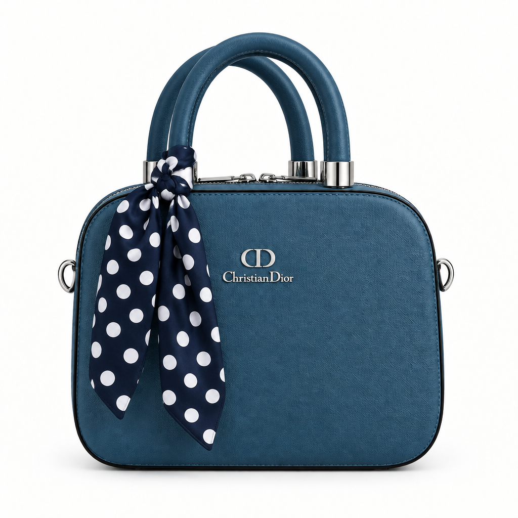 Dior Style Scarf-Handle Mini Bowler Bag - teal blue, studio view