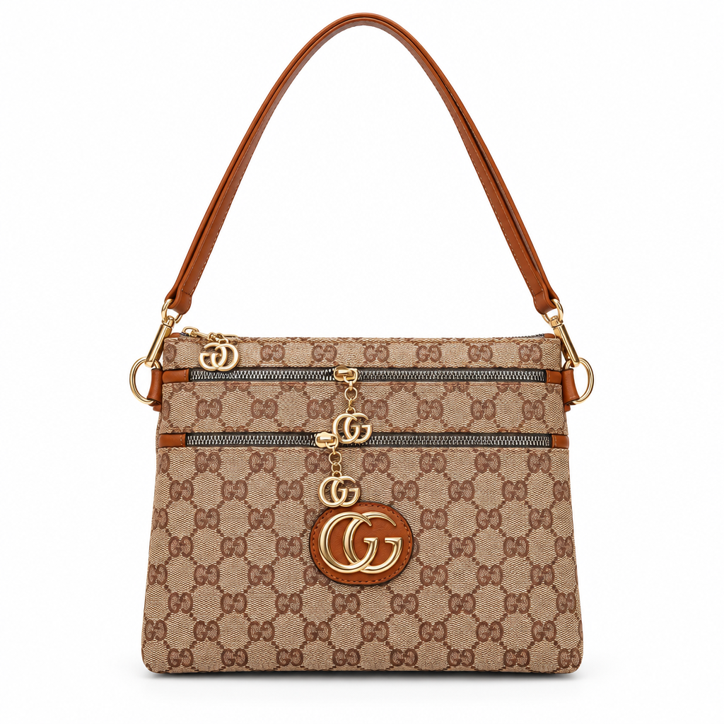 Gucci style GG canvas double zip shoulder bag - beige and tan, studio view