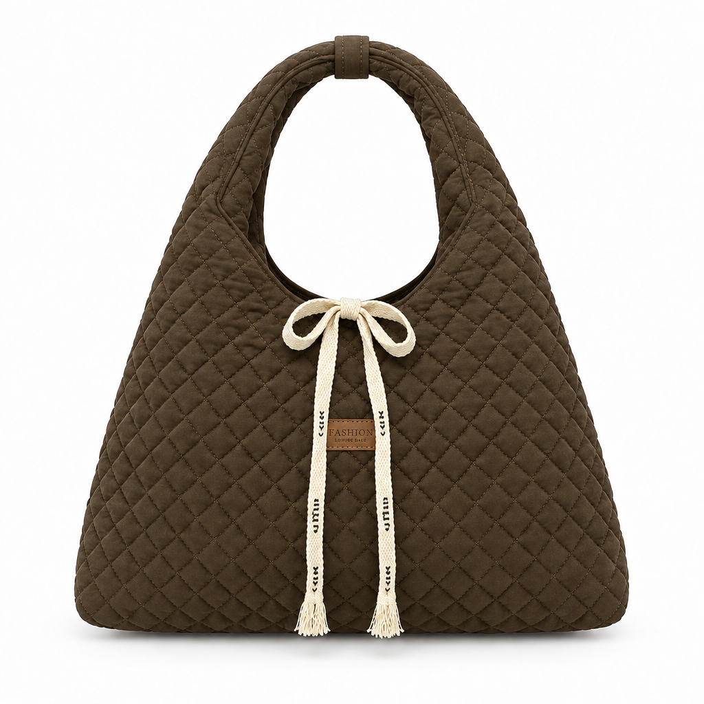 Diamond-Quilted Ribbon Bow Shoulder Tote - brown, studio view
