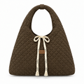 Diamond-Quilted Ribbon Bow Shoulder Tote - brown, studio view