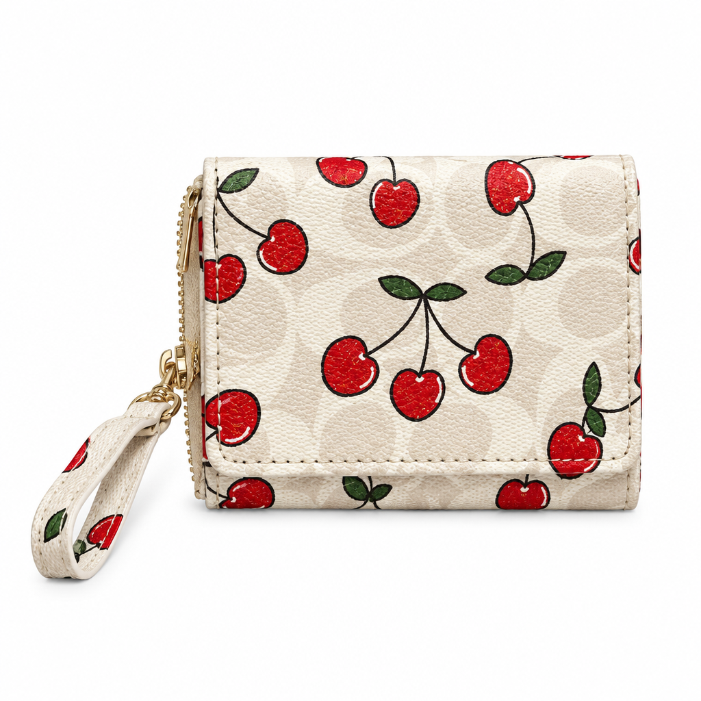 Coach style cherry wristlet wallet - white, studio view