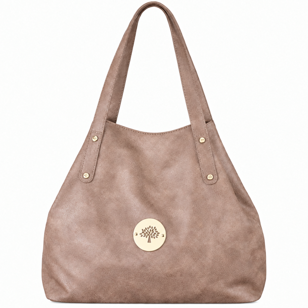 Mulberry style tree medallion shoulder tote - taupe, studio view