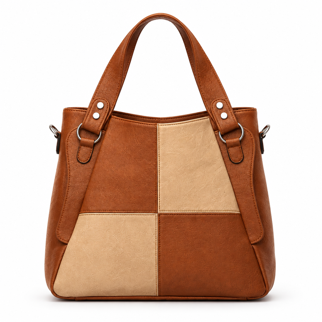 Color block patchwork tote bag - cognac, studio view