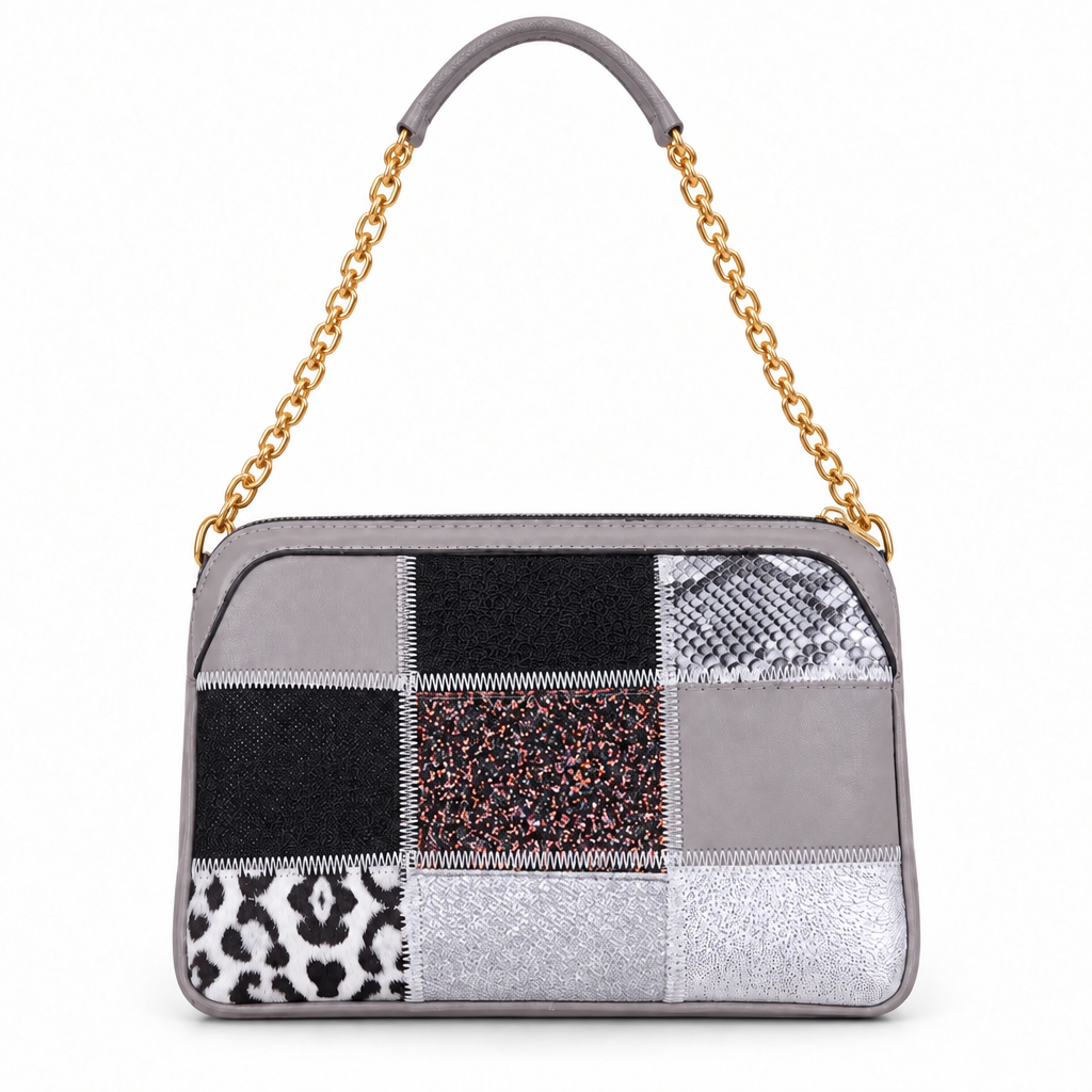 Patchwork chain shoulder bag - grey, studio view