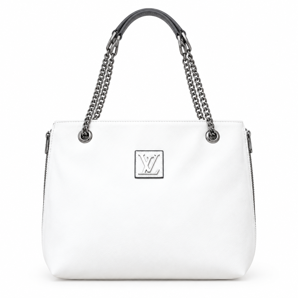 Designer style chain handle tote - Louis Vuitton style plain white, studio view