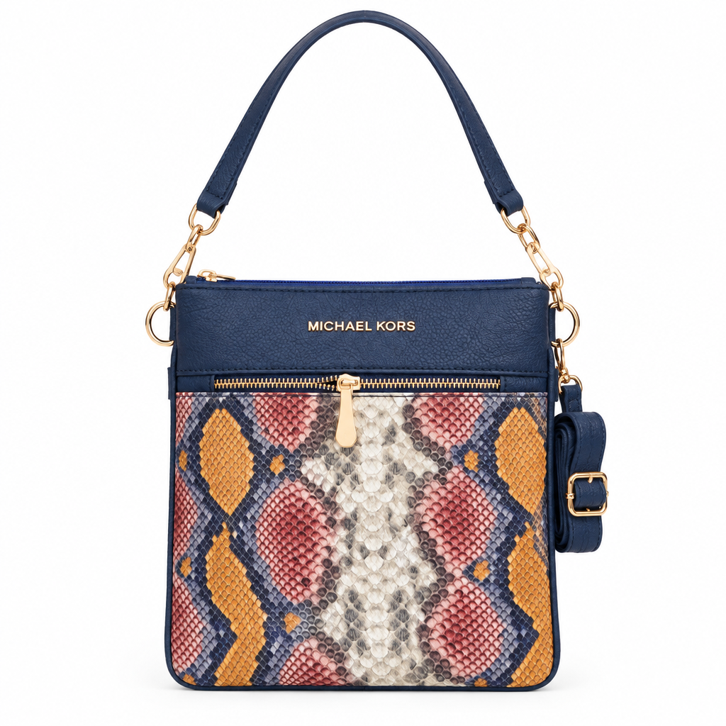 Michael Kors style snake print crossbody bag - multicolor snake with navy, studio view