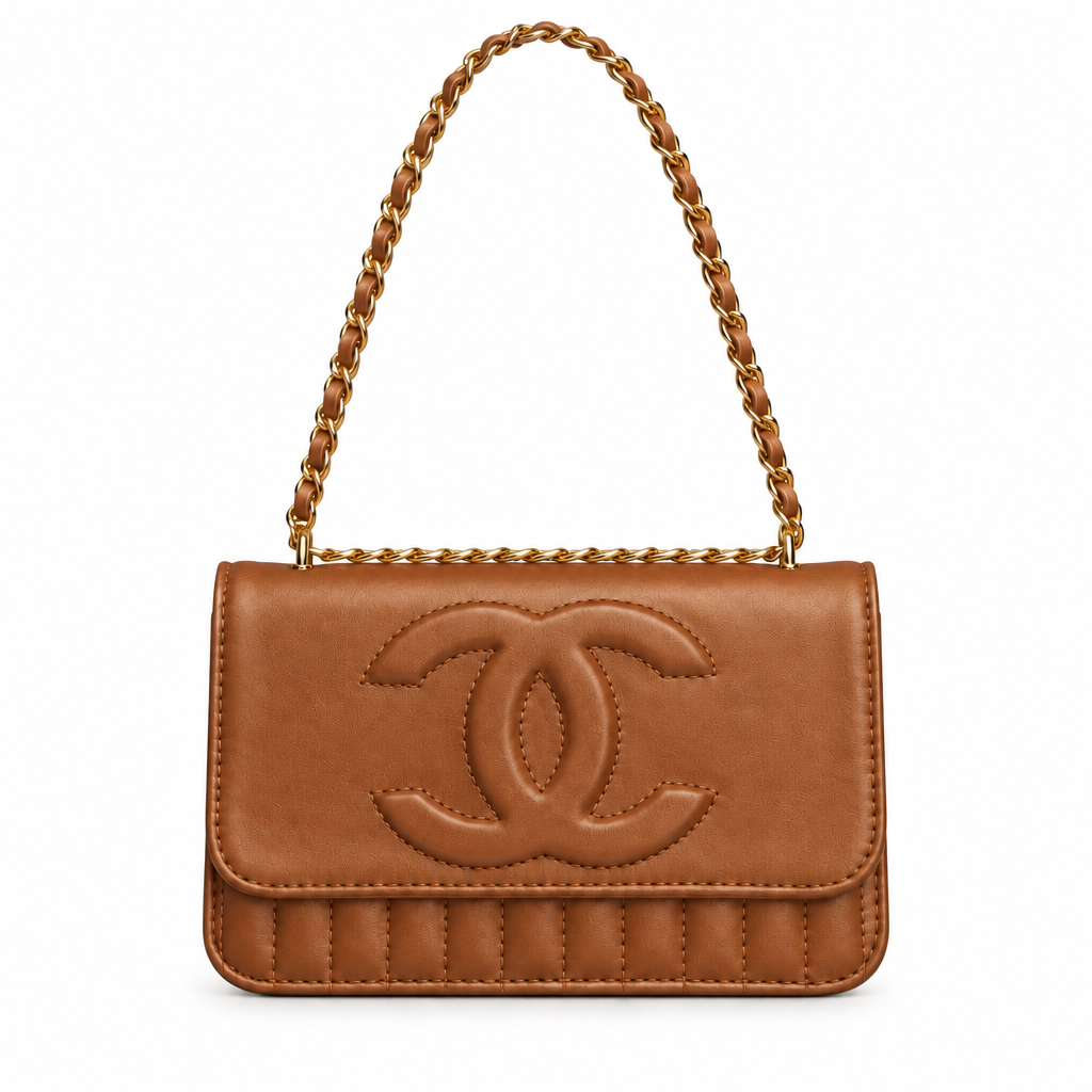 Chanel style quilted CC chain flap shoulder bag - cognac brown, studio view