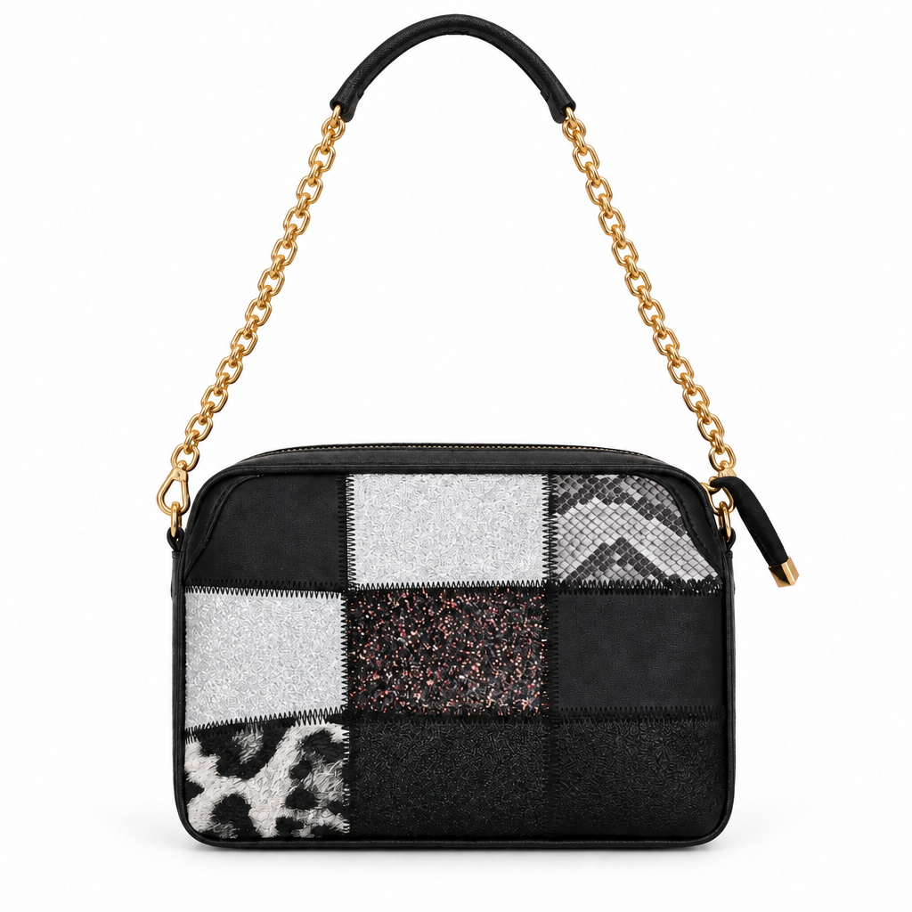 Patchwork chain shoulder bag - black, studio view