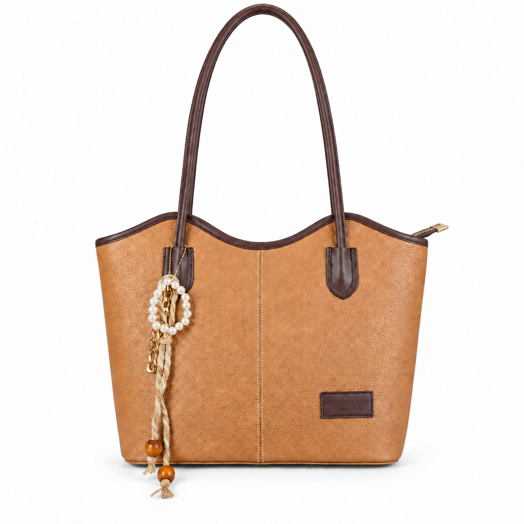 Pearl Charm Curved-Top Shoulder Tote - tan with brown trim, studio view