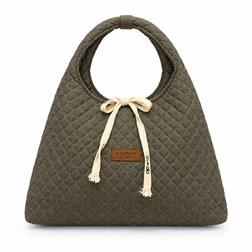 Diamond-Quilted Ribbon Bow Shoulder Tote - grey-olive, studio view