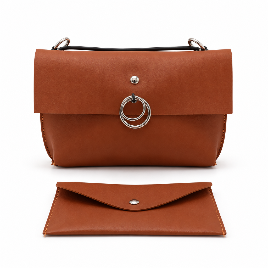 Ring-detail crossbody bag and envelope pouch set - cognac brown, studio view