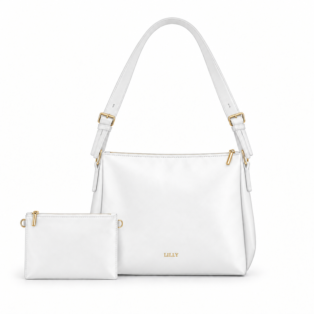 LILLY Style Classic Shoulder Bag - white with coordinating pouch, studio reference