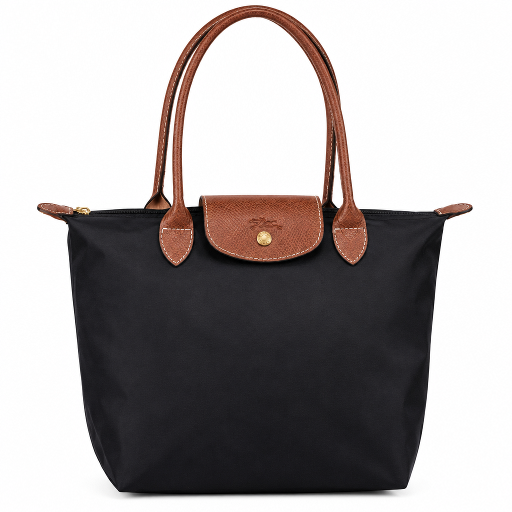 Longchamp style shoulder tote - black with brown trim, studio view
