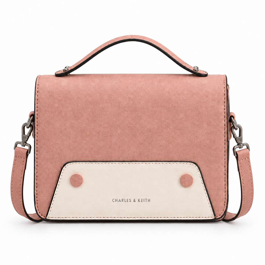 Charles and Keith style flap top handle crossbody bag - dusty pink, studio view