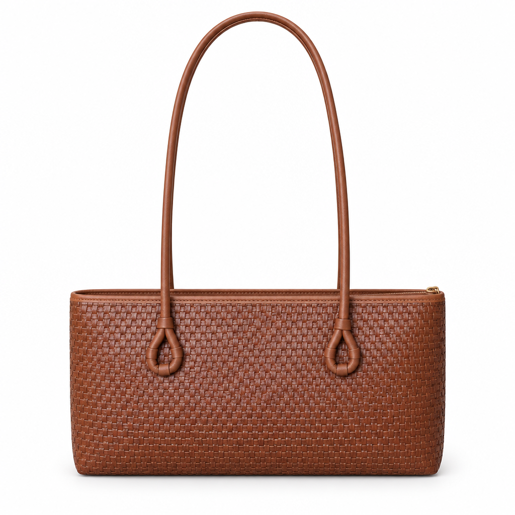 Zara Style Woven Texture Long-Handle Shoulder Bag - cognac brown, studio view