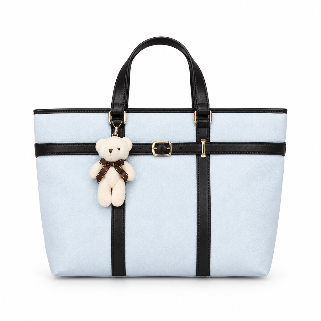 Teddy Charm Belt-Detail Top-Handle Tote - pale blue, studio view