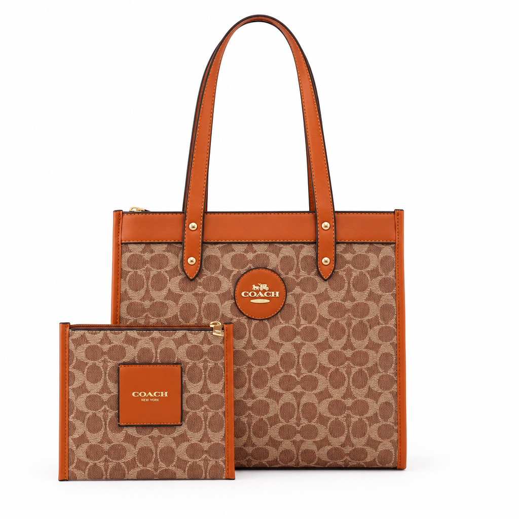 Coach style Signature Field tote with pouch - tan with orange-brown trim, studio view