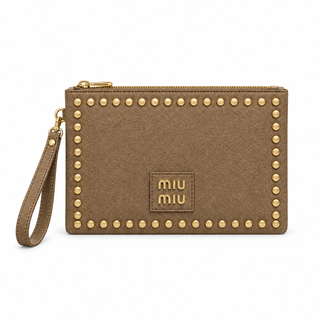Miu Miu style studded wristlet clutch - taupe, studio view