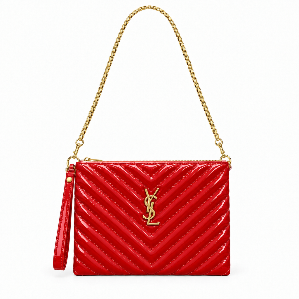 YSL style patent chevron clutch with chain - red, studio view