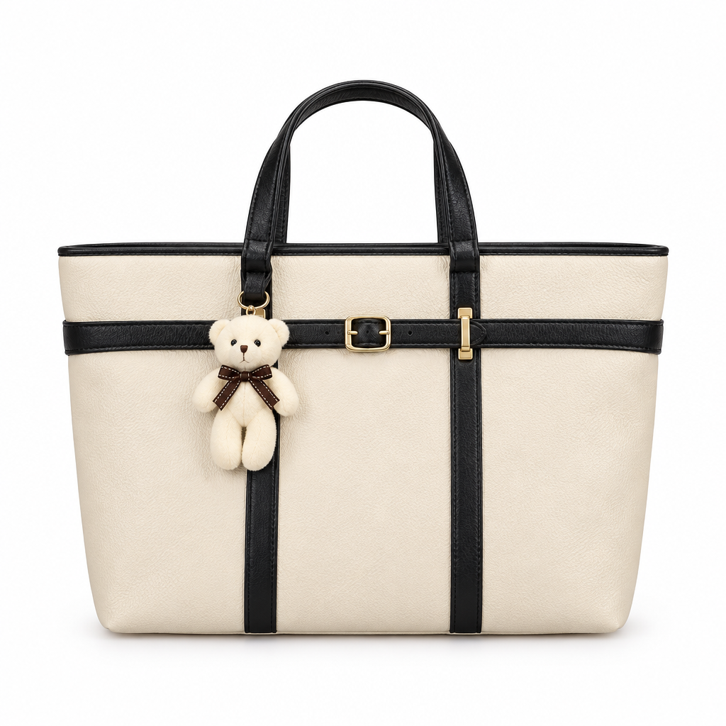 Teddy Charm Belt-Detail Top-Handle Tote - ivory, studio view