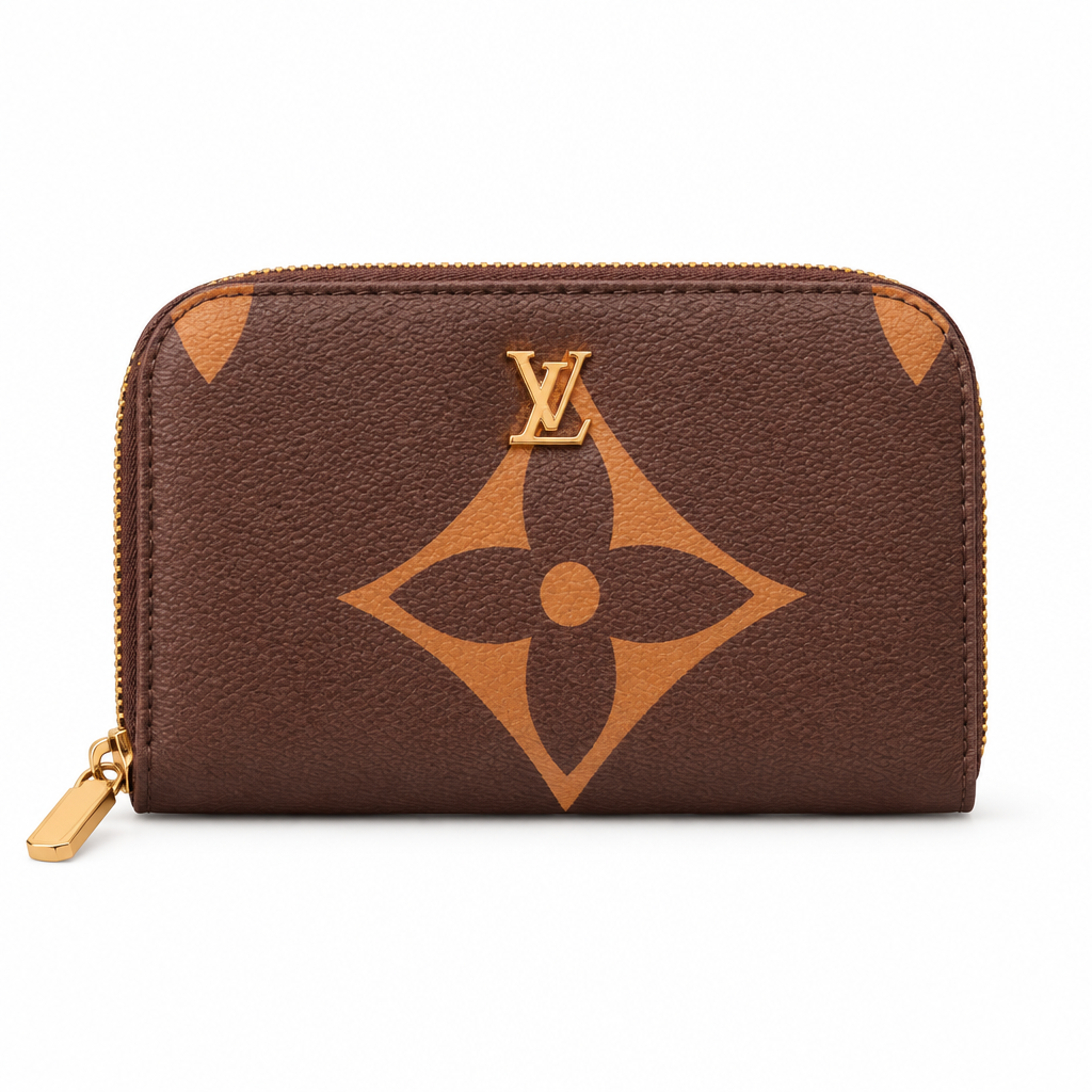 Louis Vuitton style giant monogram zip wallet - brown, studio view