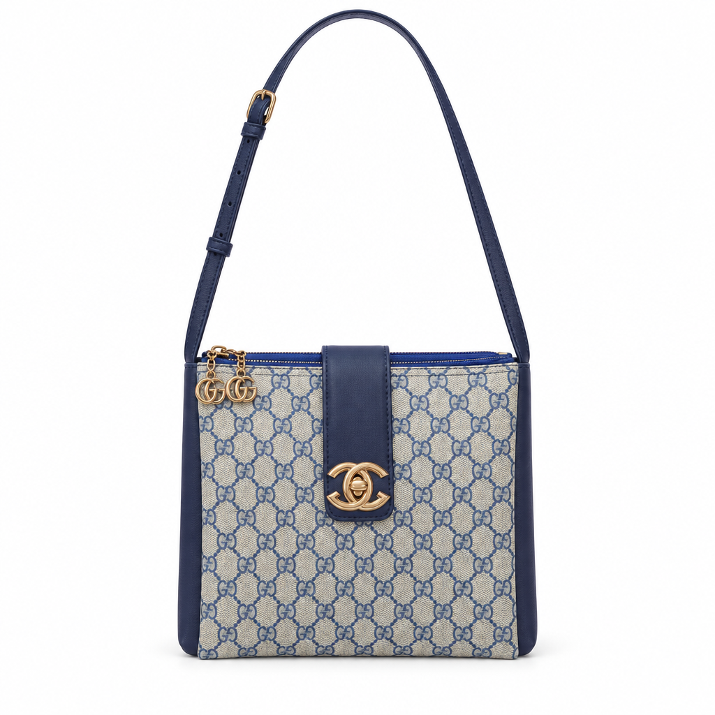 Gucci style GG canvas turn-lock crossbody bag - blue and navy, studio view