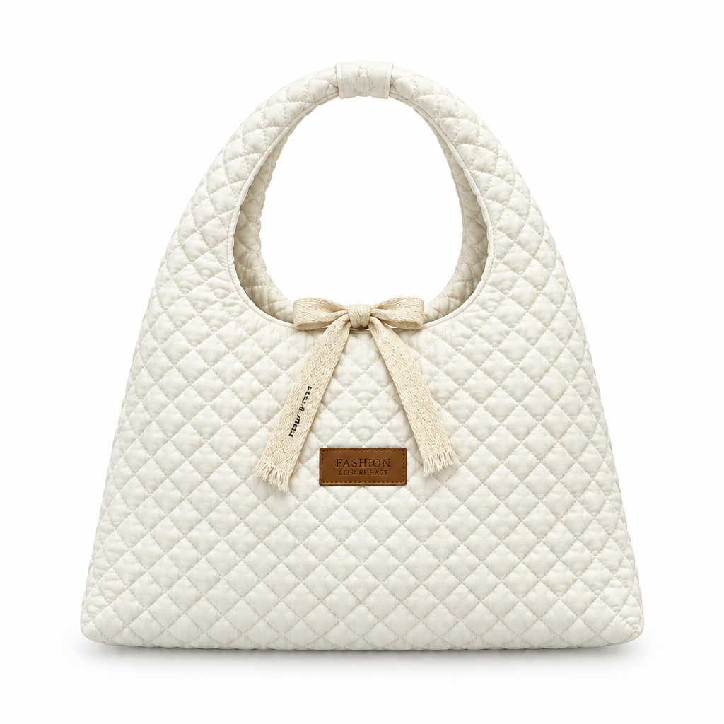 Diamond-Quilted Ribbon Bow Shoulder Tote - white, studio view