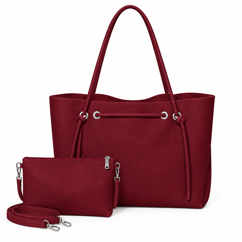 Knotted Cord Shoulder Tote & Matching Pouch Set - burgundy, studio view