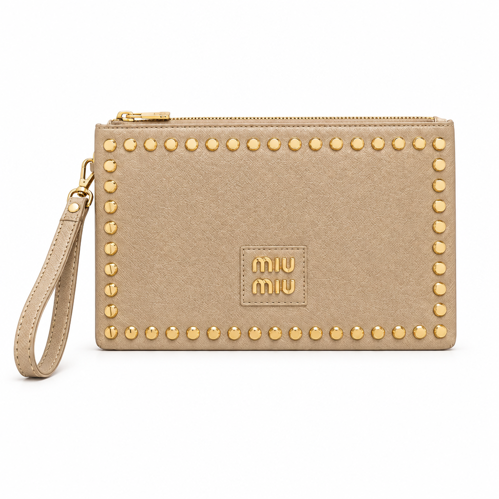 Miu Miu style studded wristlet clutch - beige, studio view