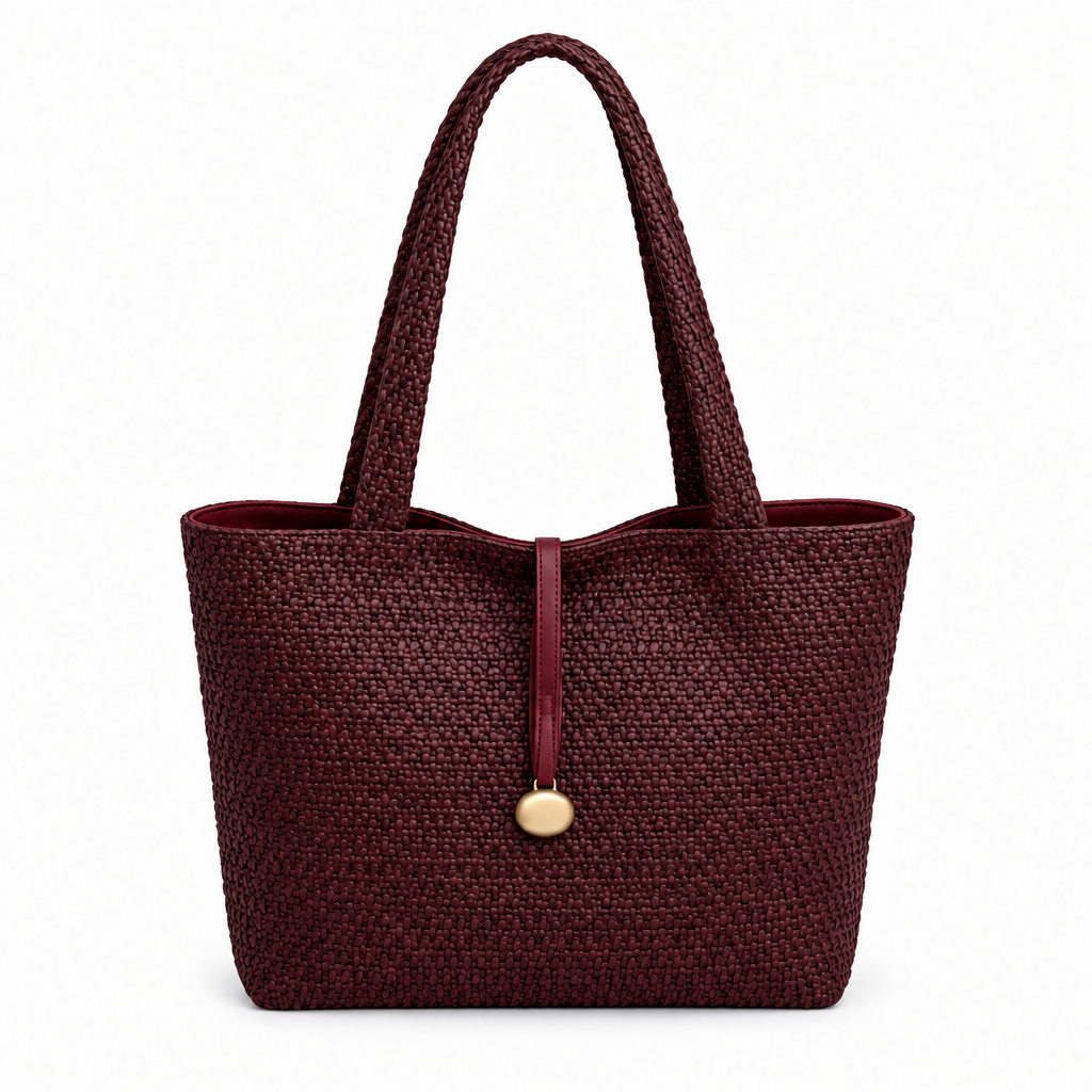 Woven Texture Gold-Charm Shoulder Tote - burgundy, studio view