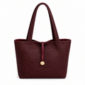 Woven Texture Gold-Charm Shoulder Tote - burgundy, studio view