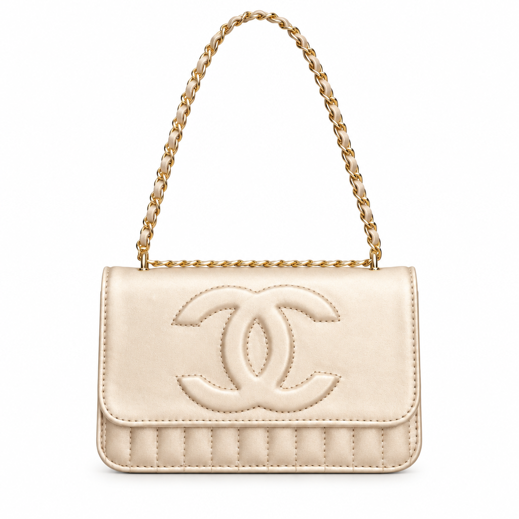 Chanel style quilted CC chain flap shoulder bag - beige, studio view