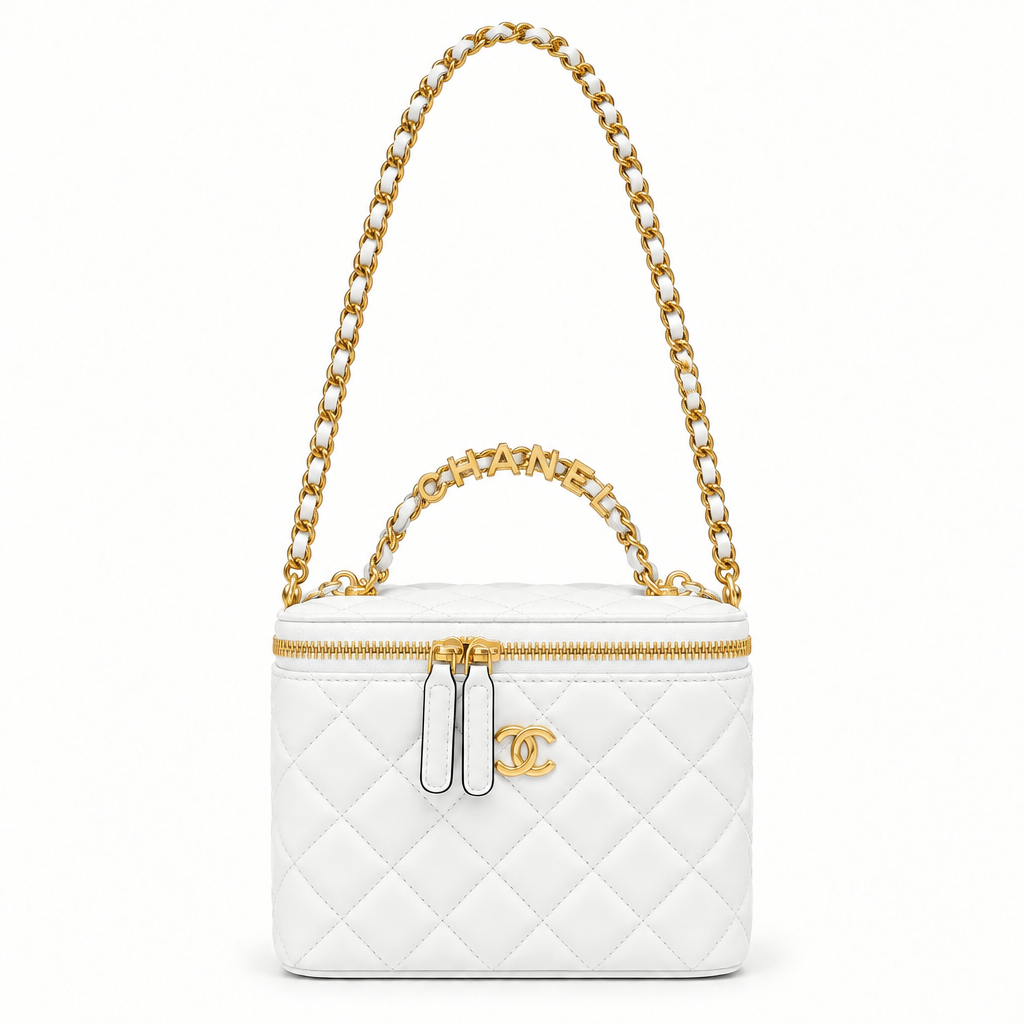 Chanel style quilted vanity case with CHANEL letter handle - white, studio view