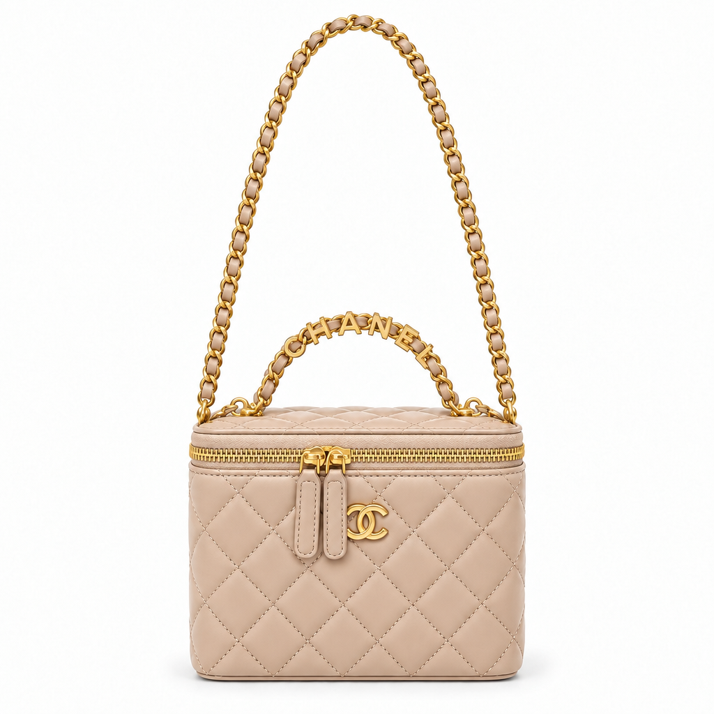 Chanel style quilted vanity case with CHANEL letter handle - nude beige, studio view