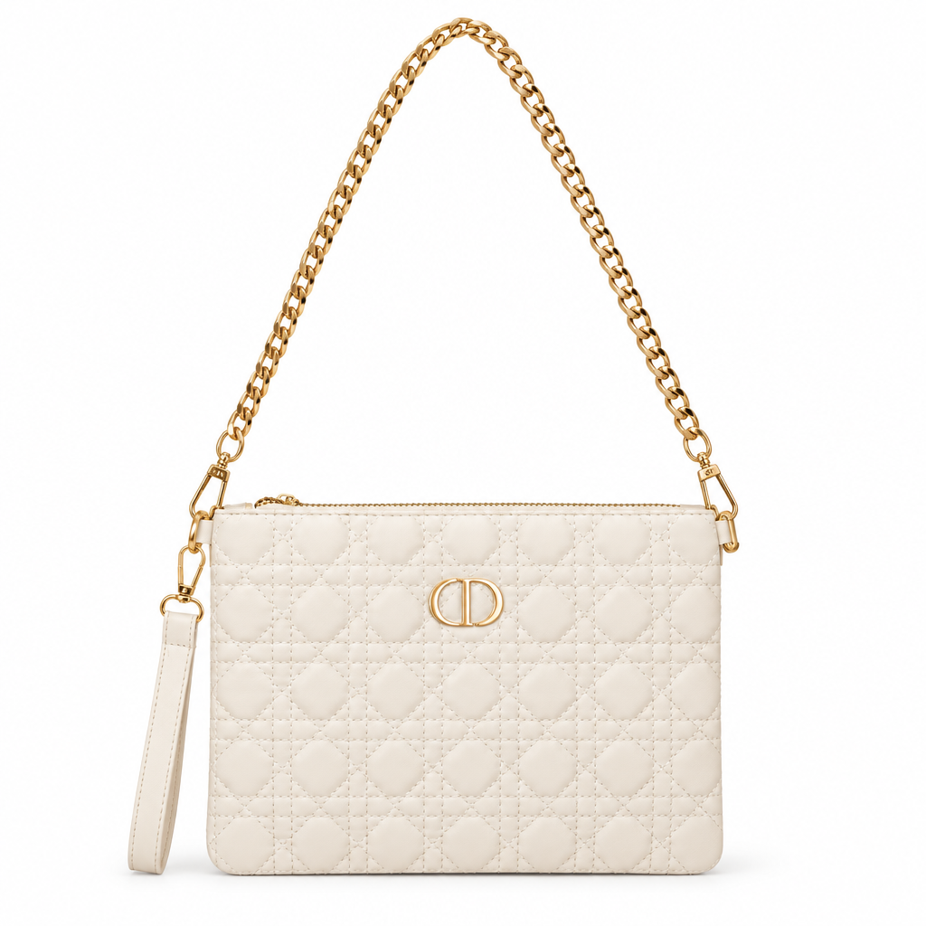 Dior style quilted cannage chain pouch bag - cream, studio view