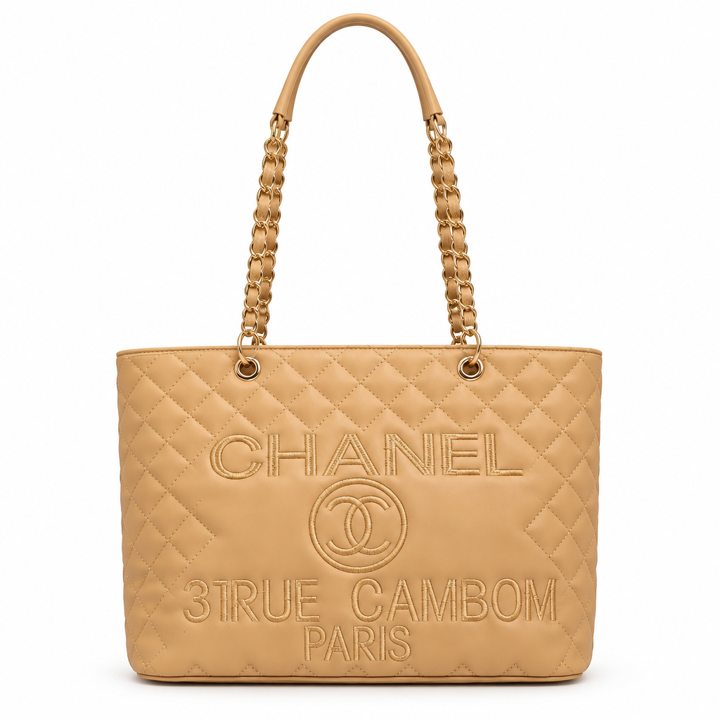 Chanel style quilted chain shopping tote - beige, studio view