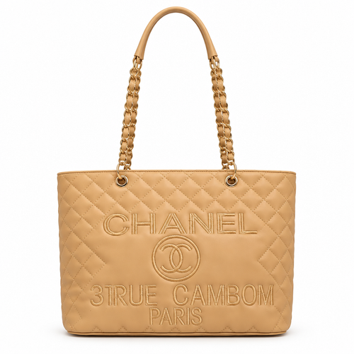 Chanel style quilted chain shopping tote - beige, studio view