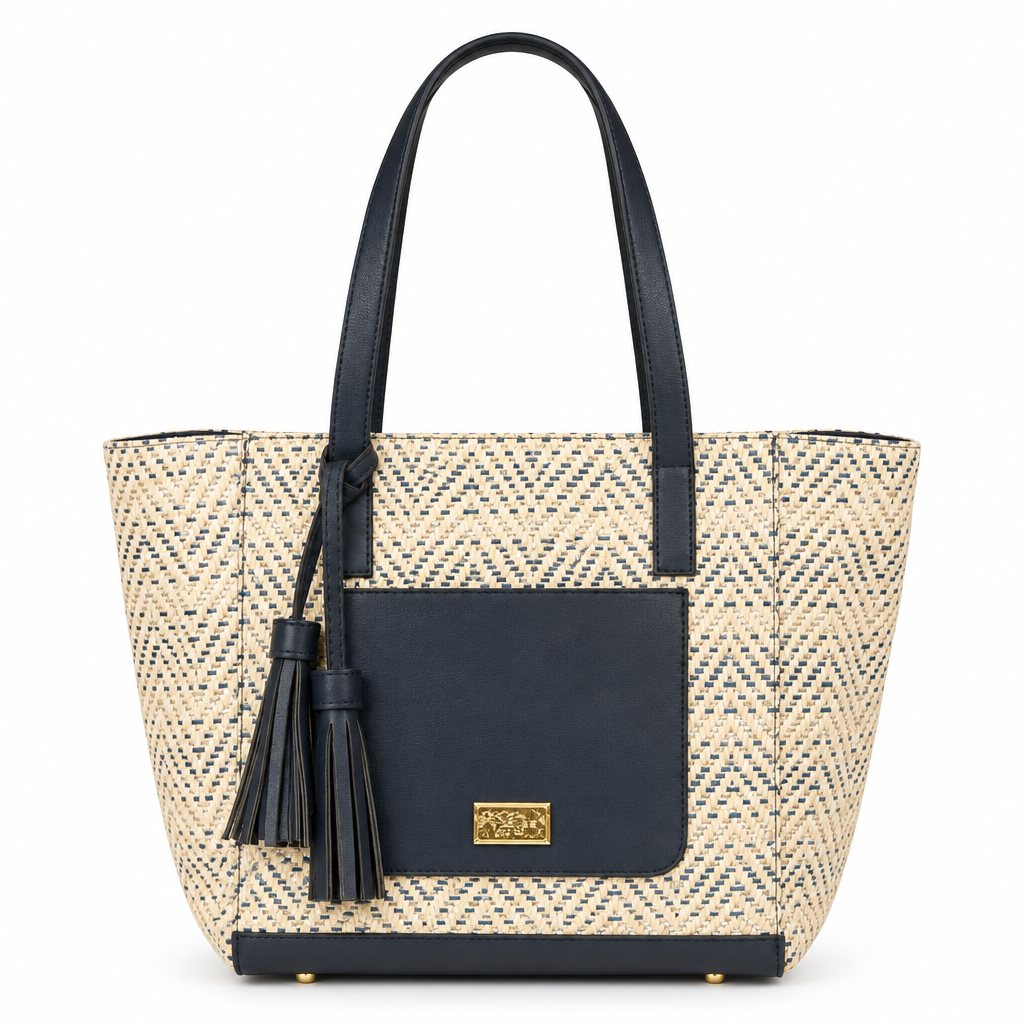 Chevron woven straw tote with tassels - navy, studio view