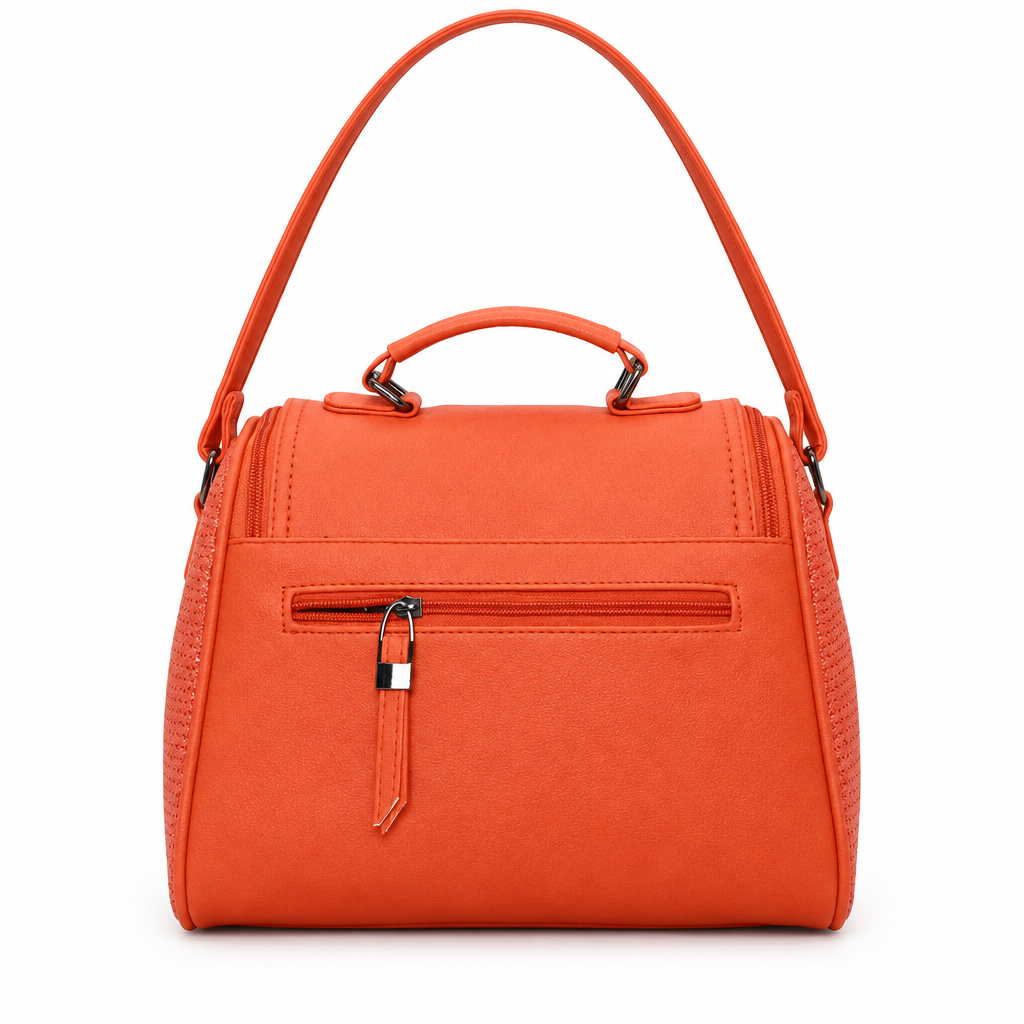 David Jones style woven flap top handle bag - orange, back view