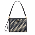 Dior style CD zip clutch pouch - ecru and navy Oblique, studio view