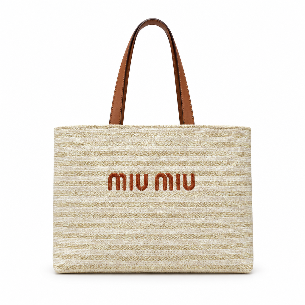 Miu Miu style woven straw logo tote - cream stripe with tan handles, studio view