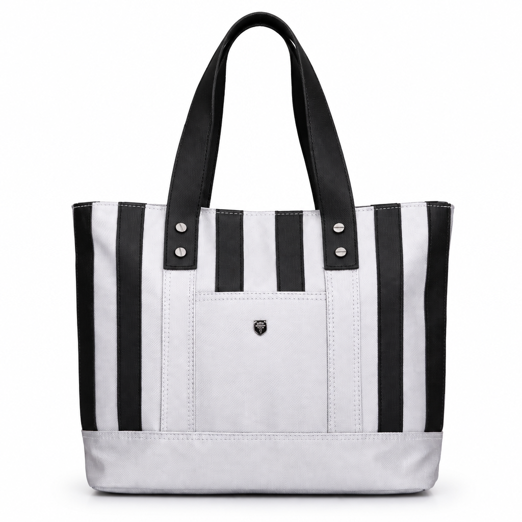 Striped canvas tote bag with front pocket - white and black, studio view