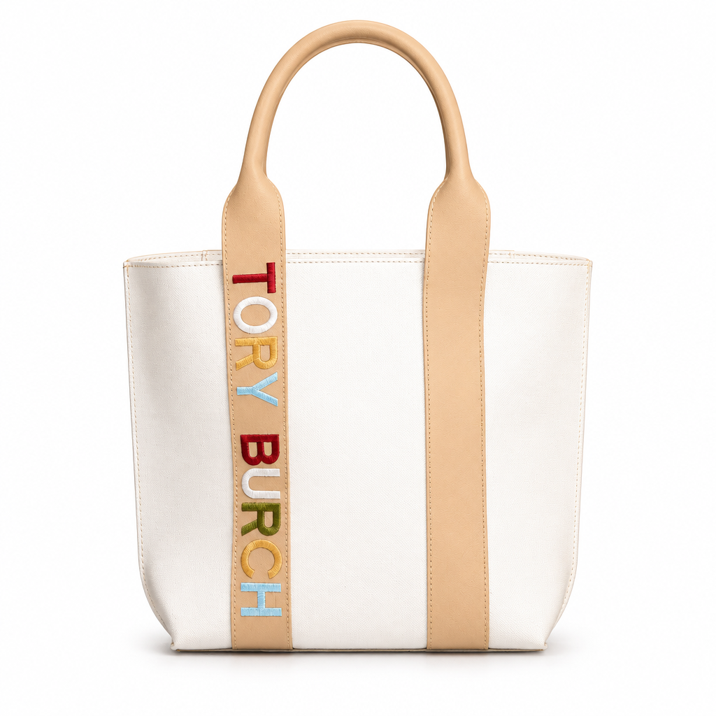 Tory Burch style embroidered logo tote with pouch - white, studio view