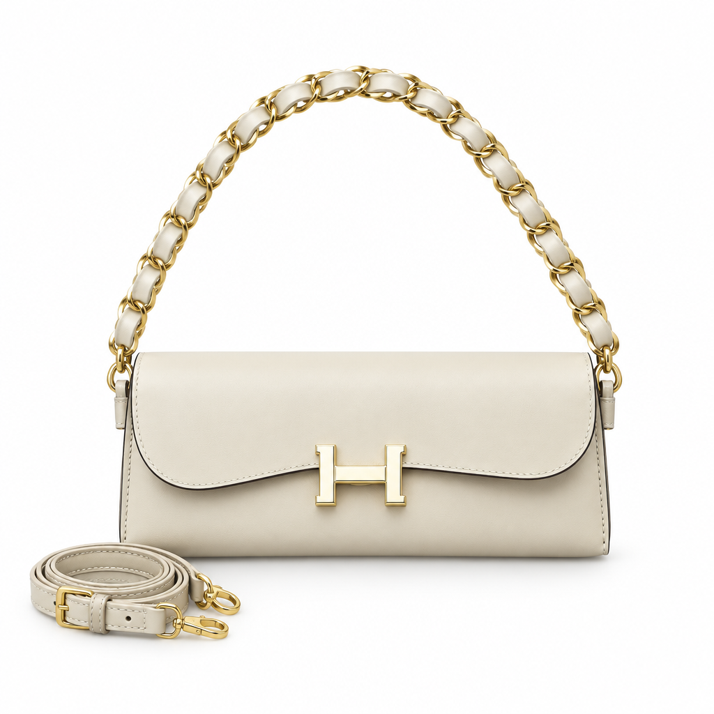 Hermès Style H-Clasp Woven Chain Shoulder Bag - cream, studio view