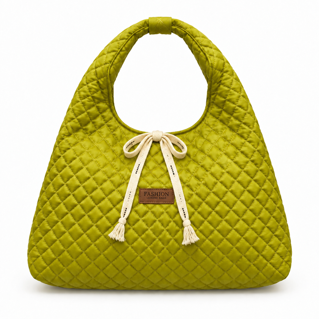 Diamond-Quilted Ribbon Bow Shoulder Tote - chartreuse, studio view