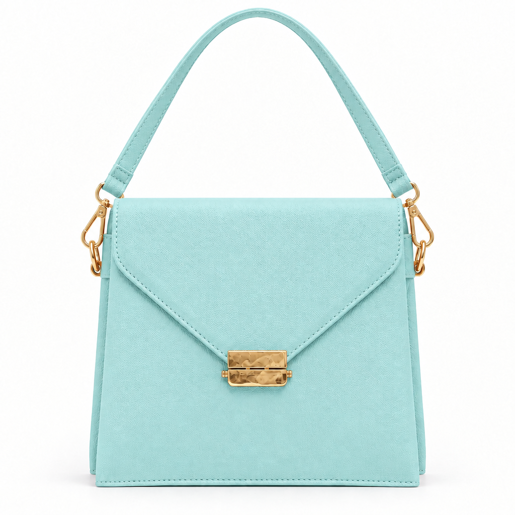 Envelope flap top handle bag - mint blue, studio view